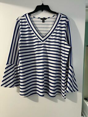 Jules & Leopold Striped V-Neck Bell Sleeve Top - White & Royal Blue
